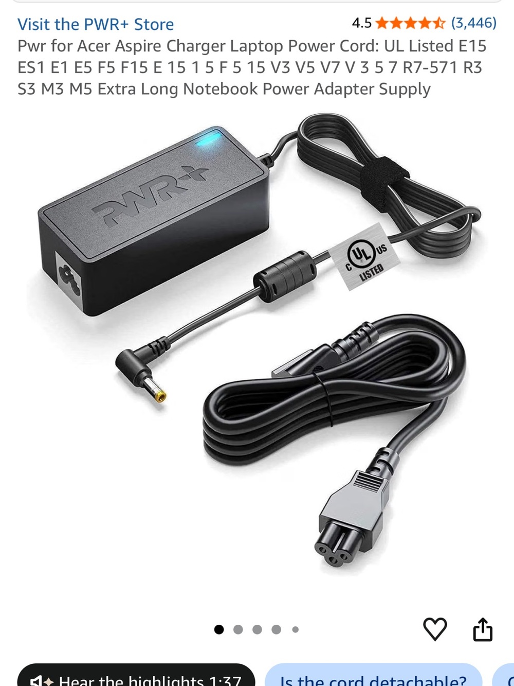 PWR+ Black Laptop Charger with Detachable Power Cord